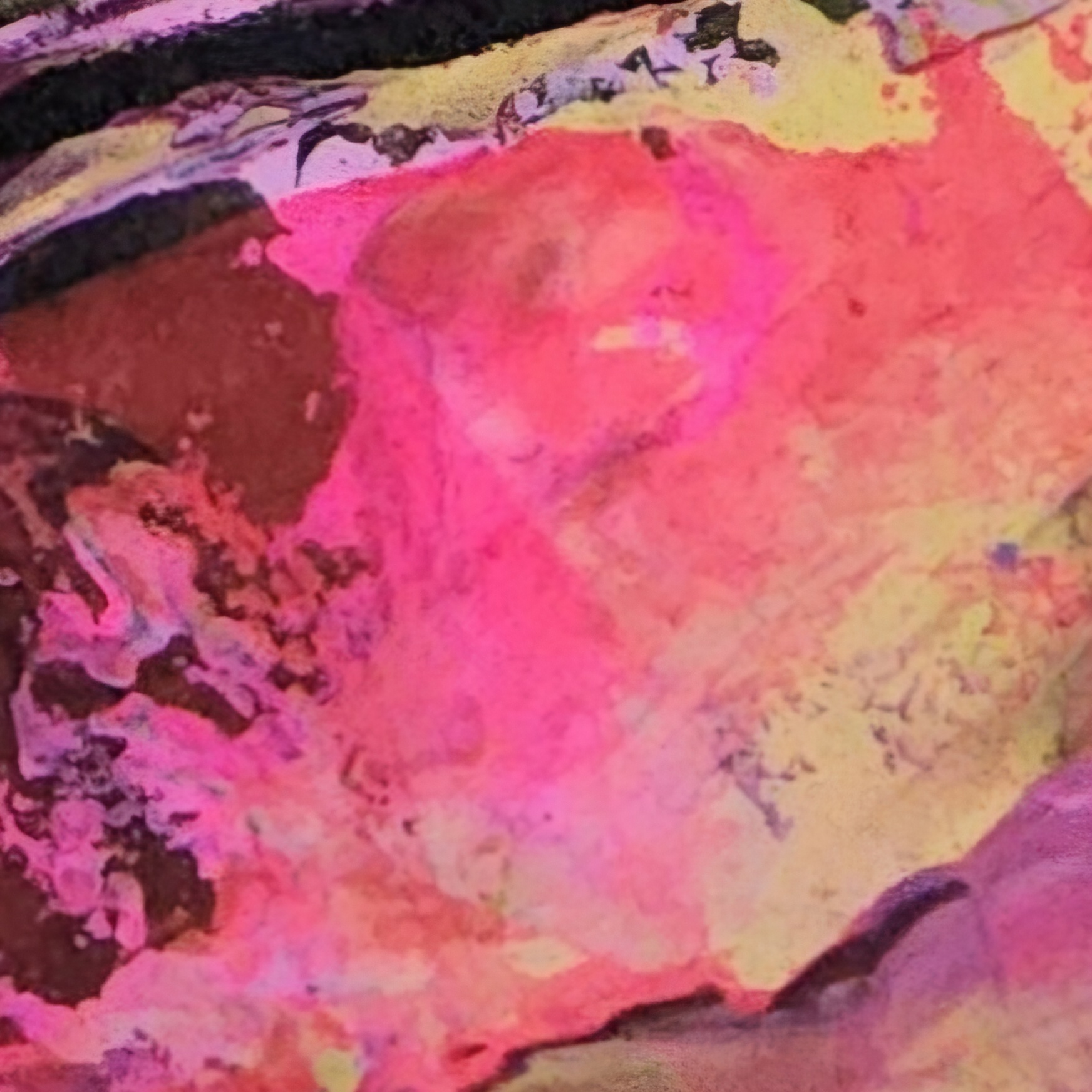 Abstrakte Malerei in leuchtenden Pink-, Orange- und Gelbtönen mit fließenden Übergängen und organischen Formen.