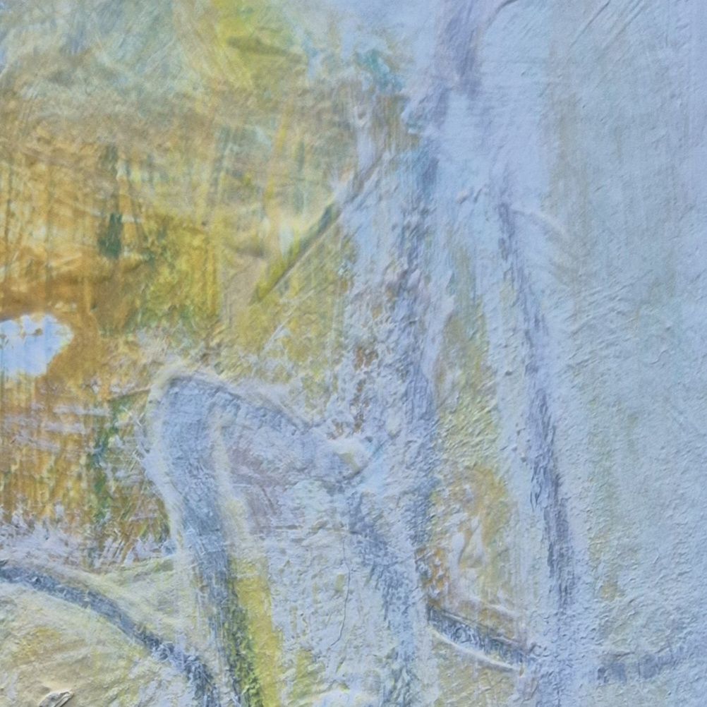 Weiße und Gelb dominieren dieses Mixed-Media-Bild.