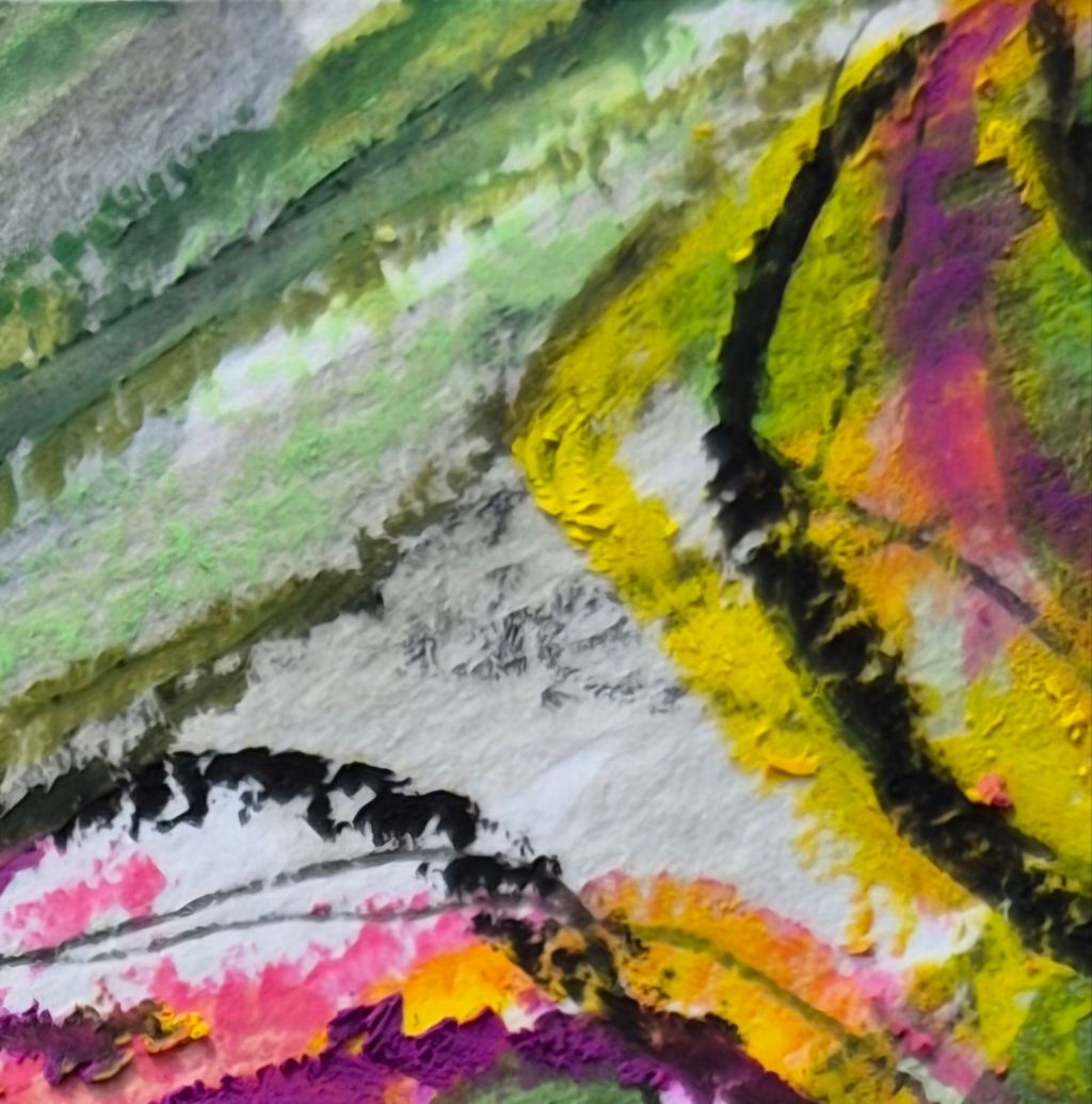 Detailausschnitt des Mixed-Media-Bildes 'BLOSSOMS' im Farbspektrum pink, gelb, grün und schwarz.