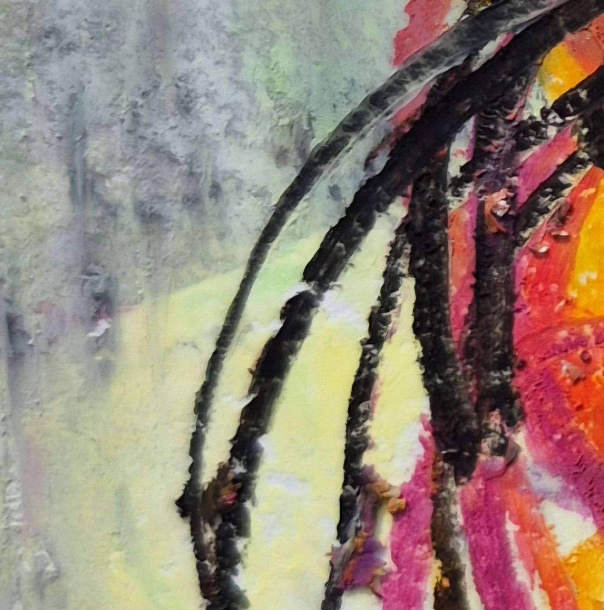 Detail des Bildes 'MEETiNG REDS', abstraktes Mixed-Media-Bild, rot mit schwarzen Linien auf grau gelbem Hintergrund