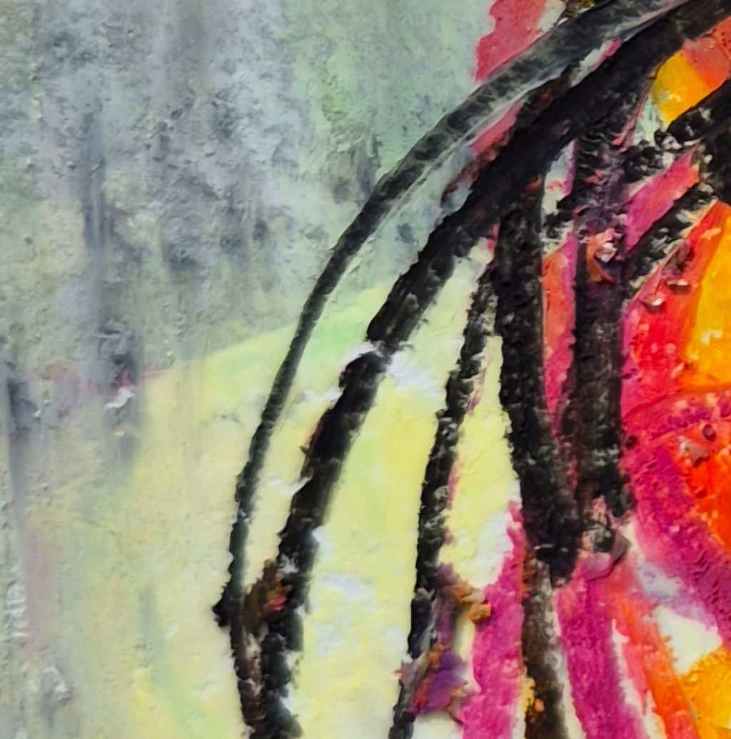 Detail des Bildes 'MEETiNG REDS', abstraktes Mixed-Media-Bild, rot mit schwarzen Linien auf grau gelbem Hintergrund