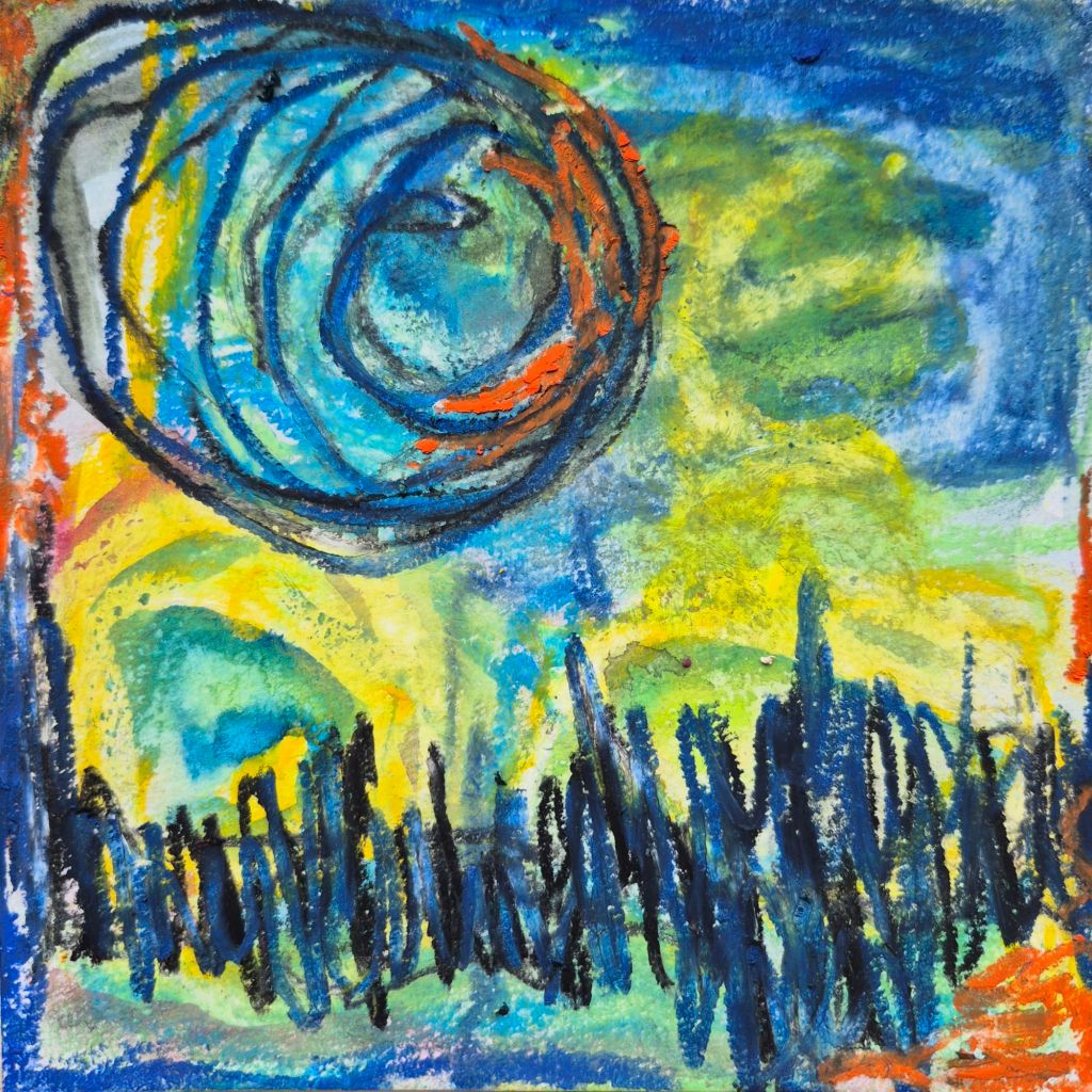 Abstraktes Farbspiel in Blau und Gelb mit orangen Akzenten.