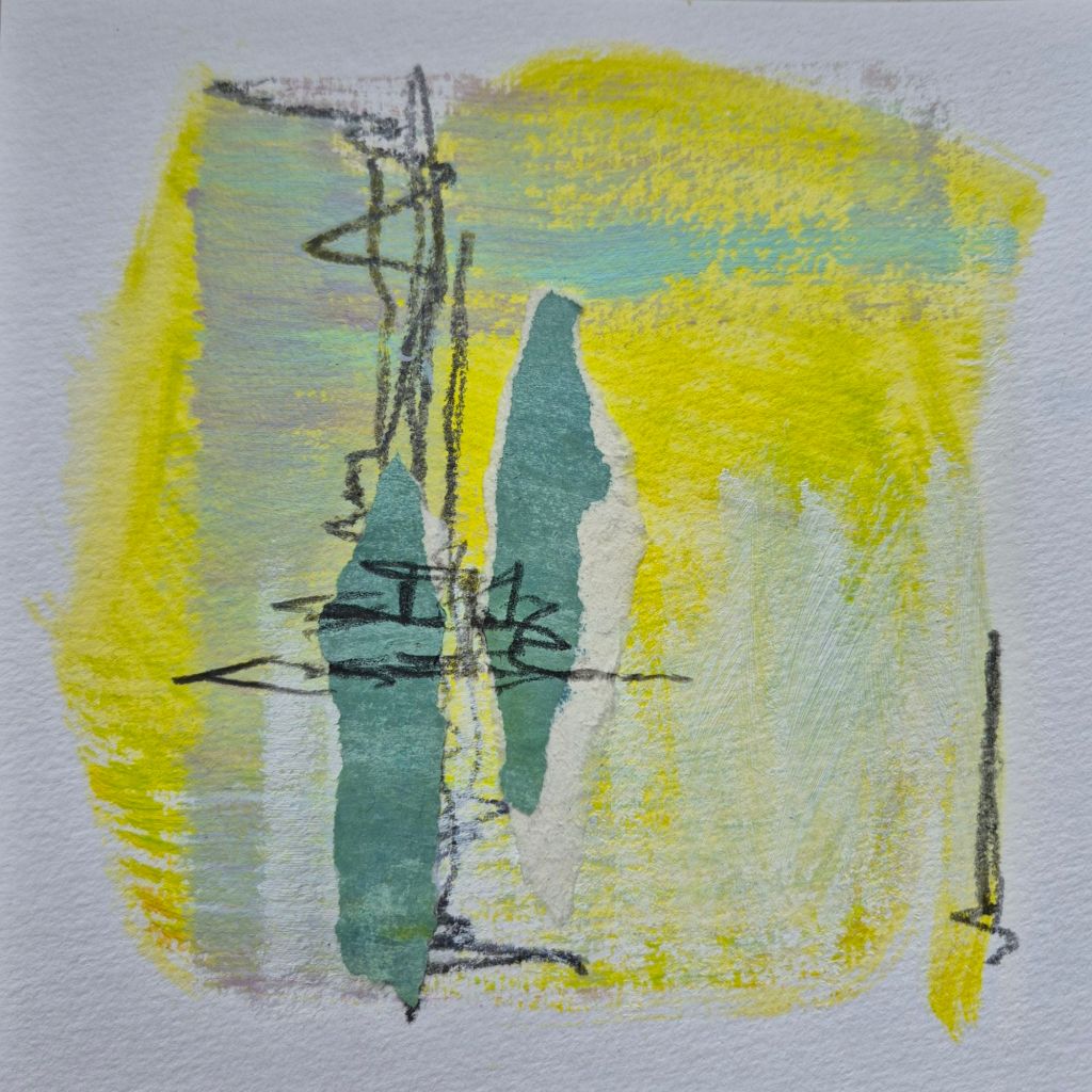 Abstraktes Mixed-Media-Werk in Sonnengelb und Türkis. Strukturen und Schichtungen stehen im Kontrast zueinander.