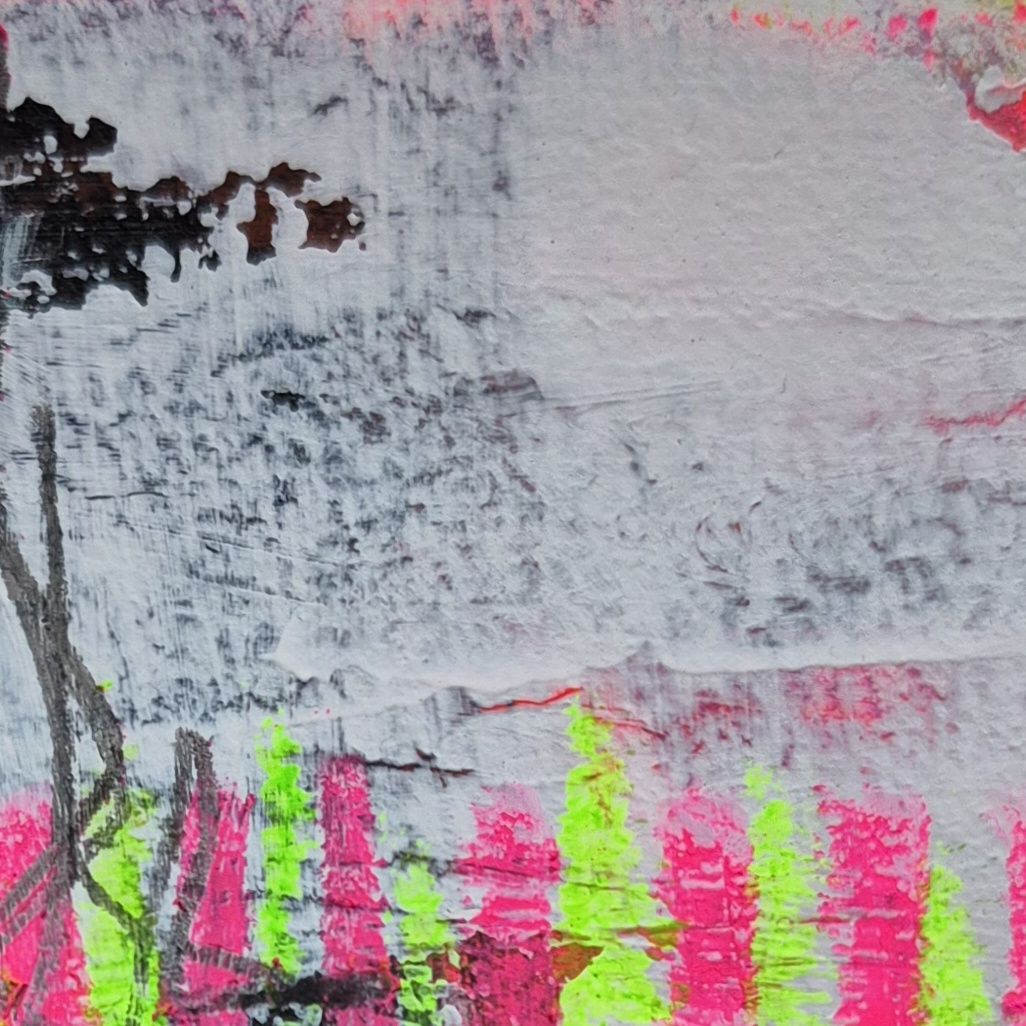 Detail eines weißen Mixed-Media-Bildes mit neon pinken und grünen Akzenten. Abstract art by SVENjA KRAUS.