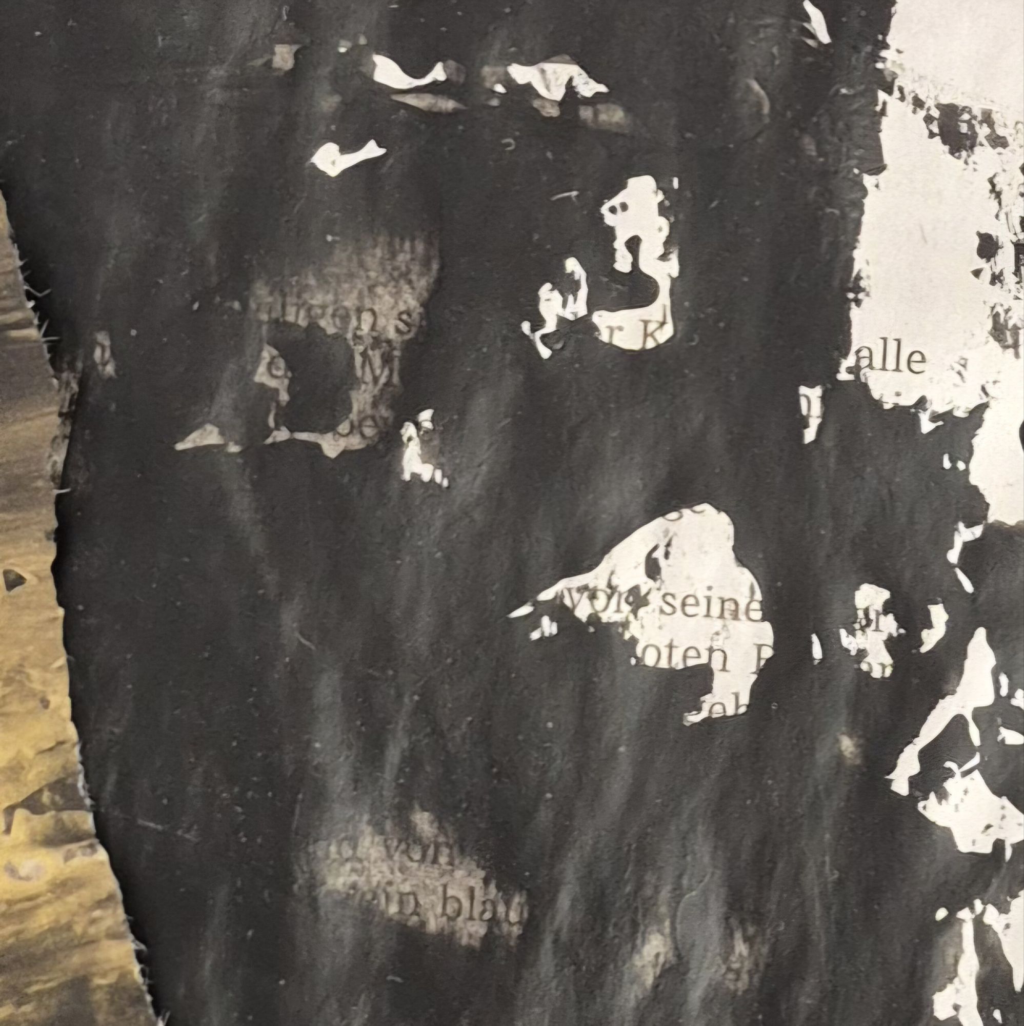 Abstrakte schwarze Farbflächen mit fragmentarisch sichtbaren Textspuren auf Papier, Beitragsbild zur Lyrik „GONE CAT“ von Svenja Kraus.